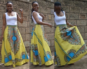 African print skirt - Dashiki maxi skirt in yellow. African print maxi skirt