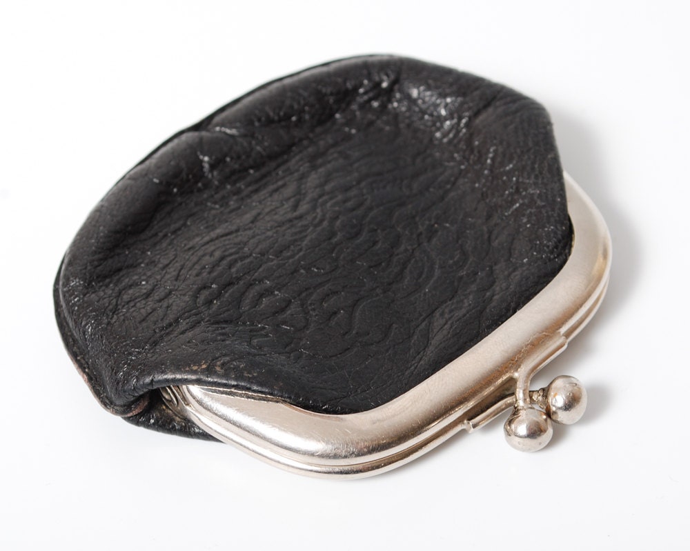 Vintage small Black leather coin purse wallet pressed decor