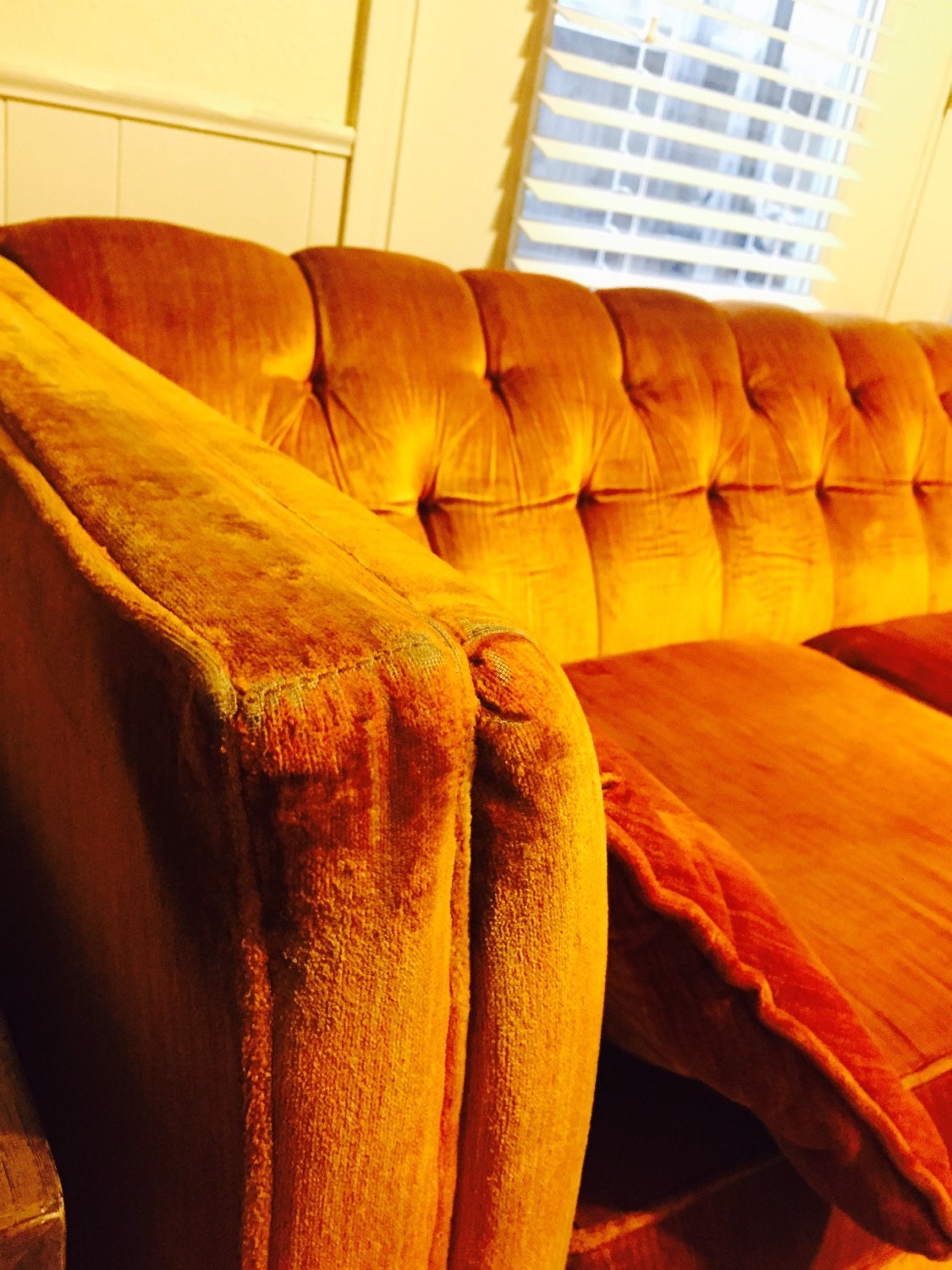 RESERVED Beautiful Vintage Tufted Orange Velvet Couch an