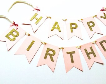 Gold glitter pink happy birthday banner, sparkly birthday, 1st birthday, personalised banner, party banner,happy birthday,
