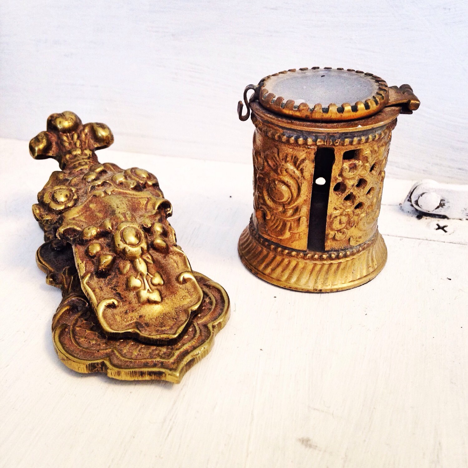 Antique Brass Paper Clip and Stamp Dispenser / Vintage Desk