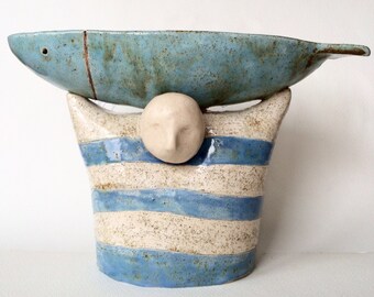 Ceramic bowl, Decorative bowl, Ceramic sculpture, Fish, Fishe rman, White, Blue