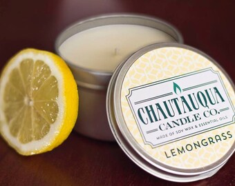Lemongrass Soy Candle - 8 oz Tin - All Natural - Scented with Essential Oil - Handmade in USA
