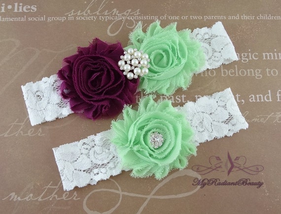 Wedding Garter, Garter, Bridal Garter, Plum and Mint Green Shabby Rosettes Chic Garter Set, Garter Belt, Wedding Handmade Garter GTF0043