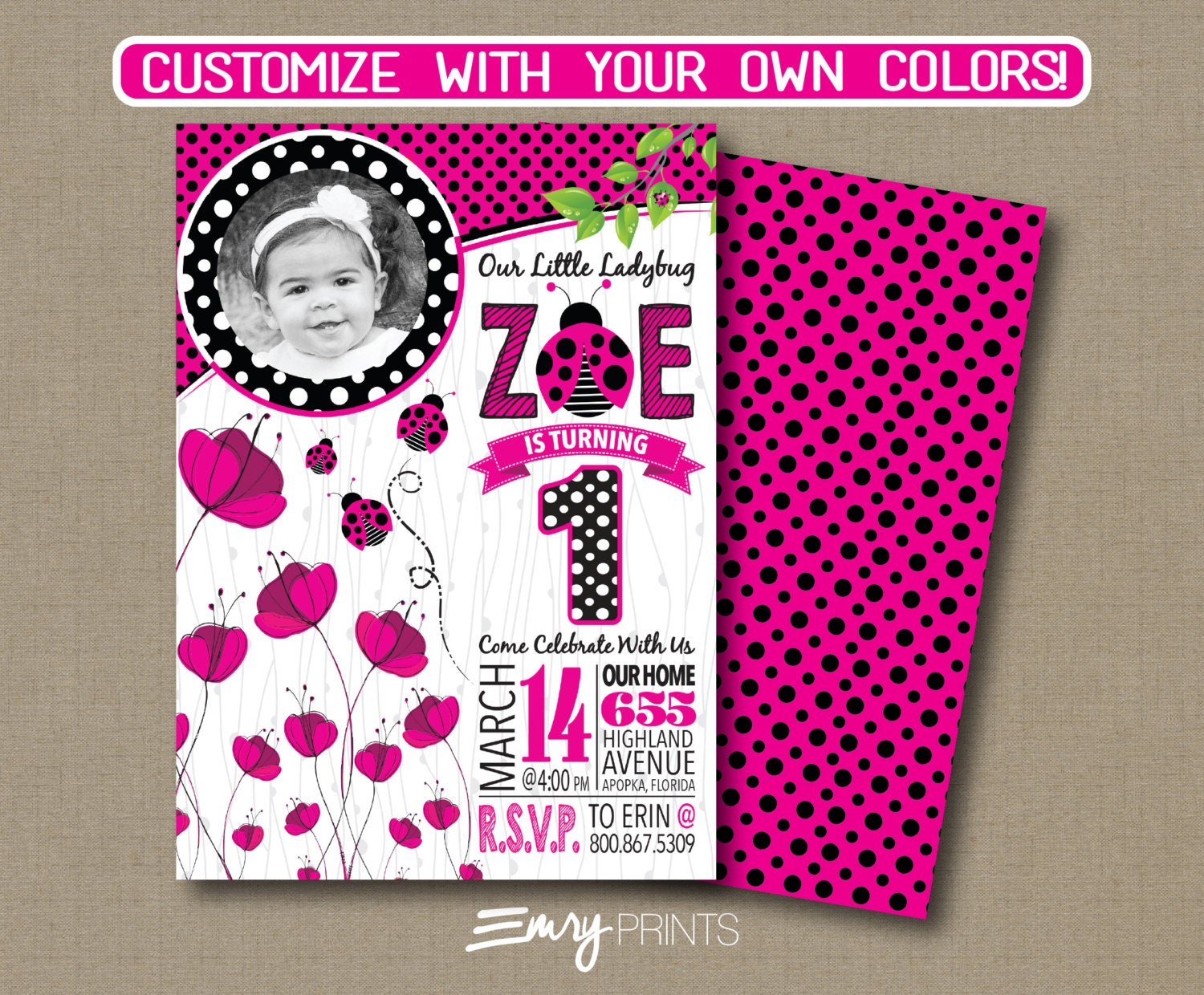 Ladybug Birthday Invitation Digital Printable Custom Ladybugs