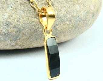 Natural Black Onyx Necklace, Black Onyx Pendant, Gemstone Necklace, Chalcedony Jewelry, 14K Gold Plated, Gold Necklace, Gemstone Jewelry