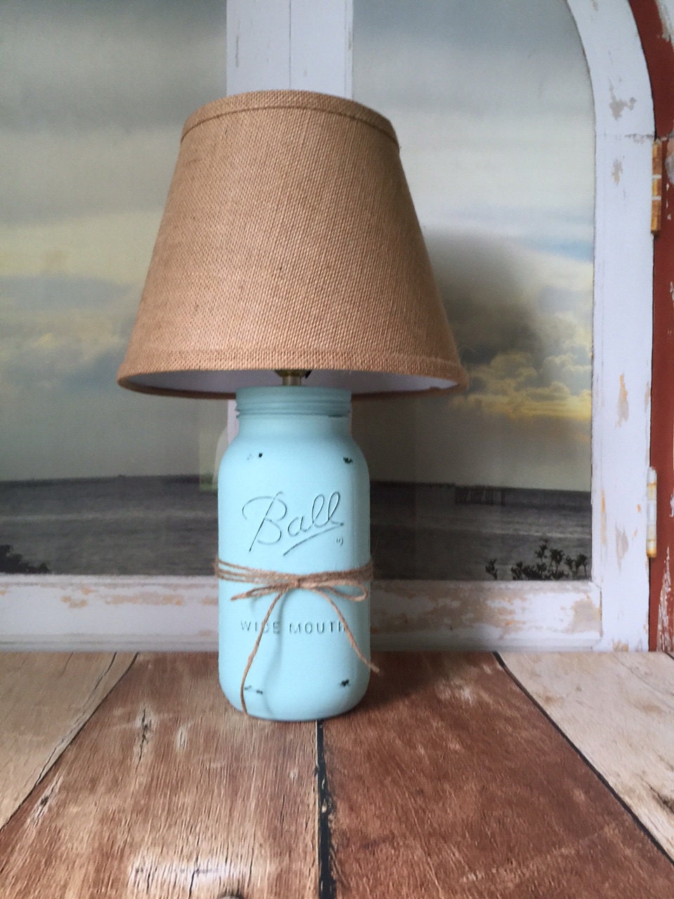 Mason jar lamp beach cottage table lamp burlap rustic