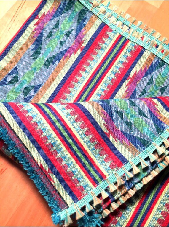 Boho Tribal Print Blanket with Mini Tassle Trim / Picnic