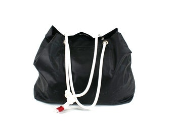 Waxed canvas bag with rope handles, large market tote, grocery shopper, black