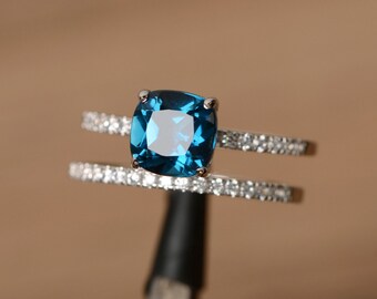 engagement ring London blue topaz ring stacking ring promise ring for her cushion cut sterling silver November birthstone