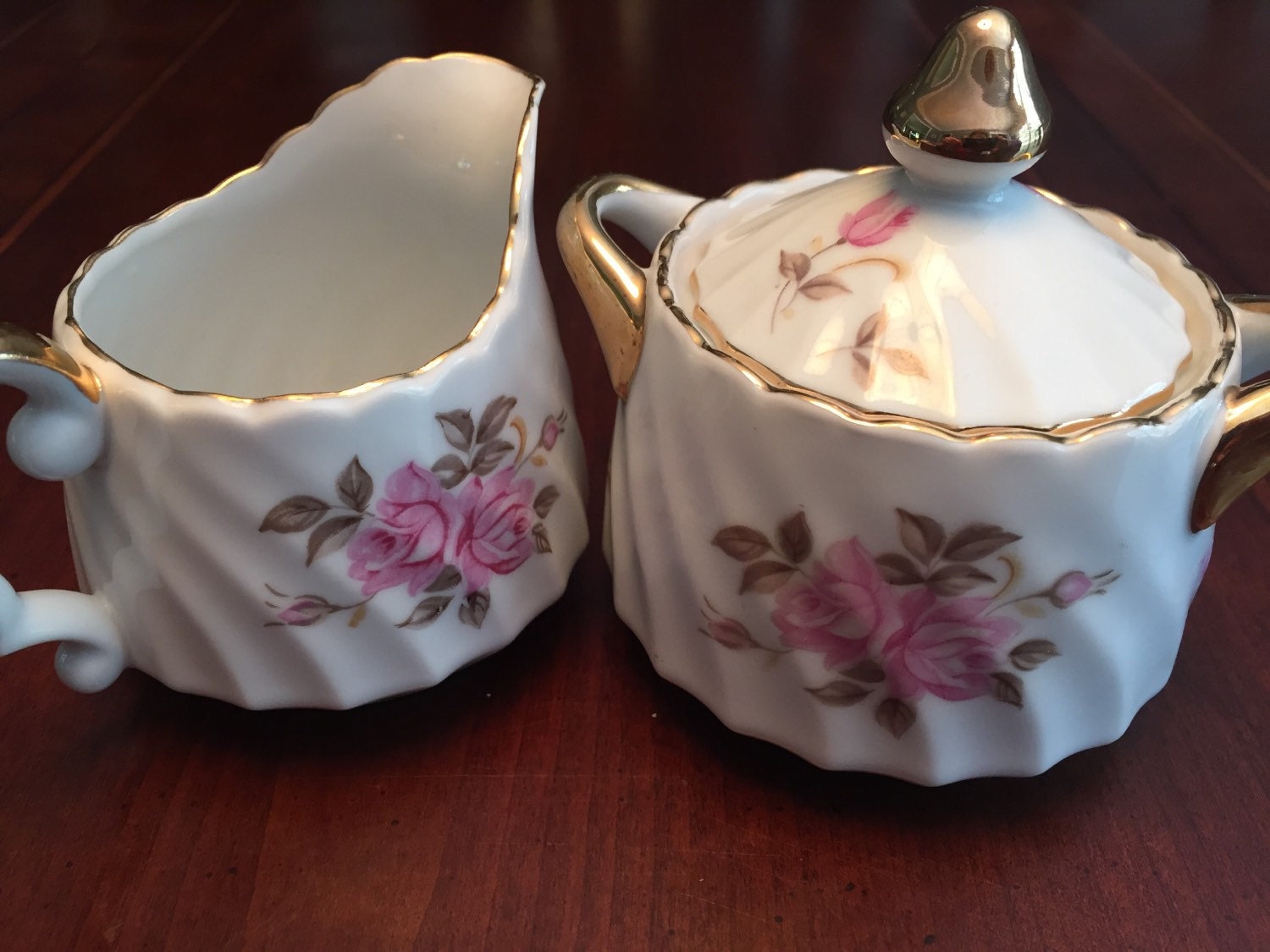 Vintage Hand Painted Pink Rose Cream and Sugar Set, Lefton, Shabby Chic