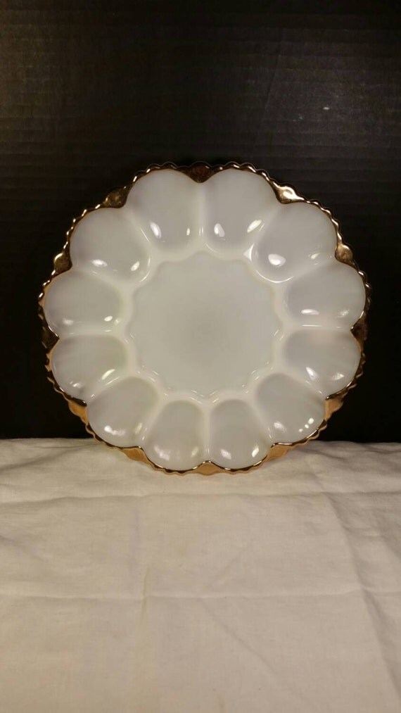 Anchor Hocking Milk Glass Deviled Egg Plate Platter Gilt Trim