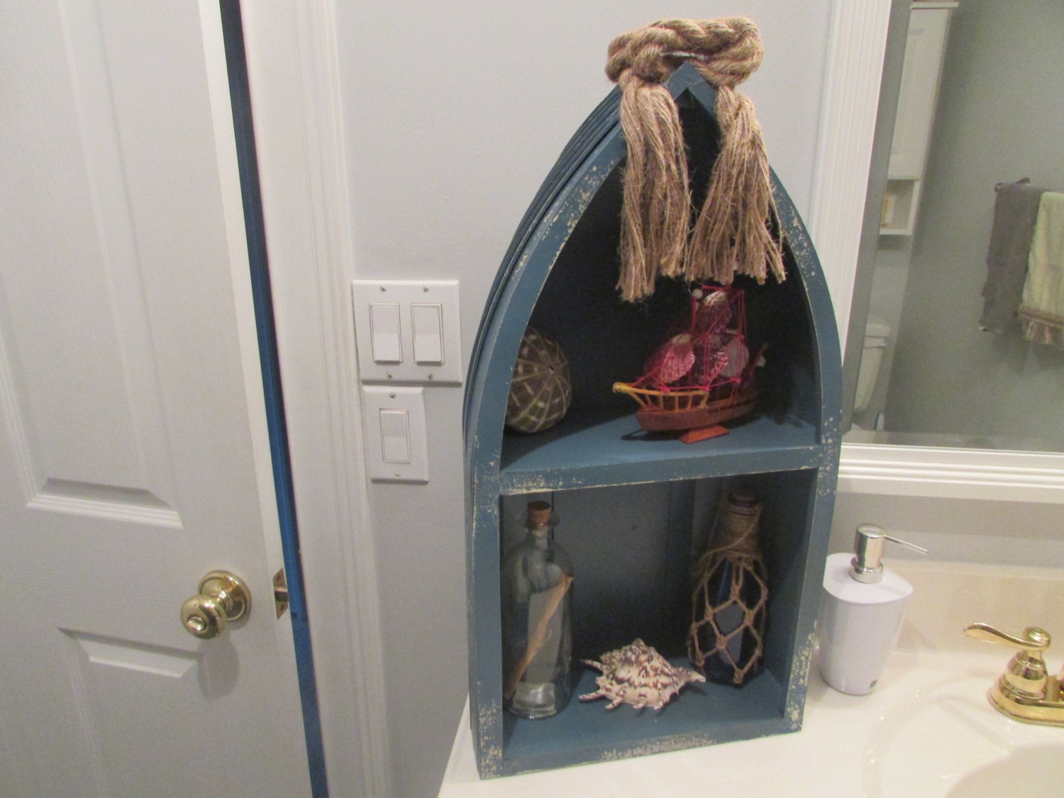 Large Blue Boat Shelf with Fishing and Nautical by UniqueTerrarium