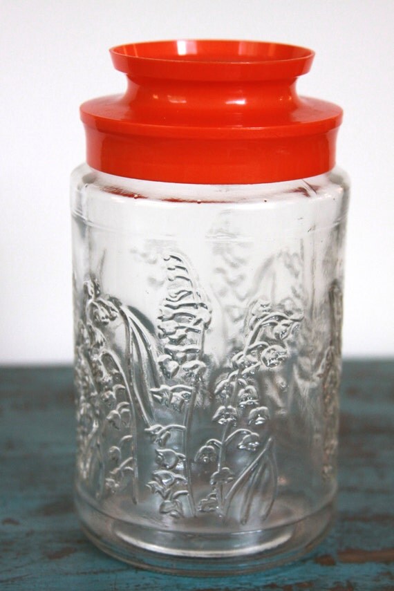 Anchor Hocking Lilies of the Valley glass jar with orange