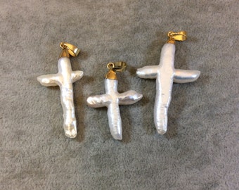 Large Natural Freshwater Pearl Cross Pendant, Gold Plated, 25mm x 45mm average