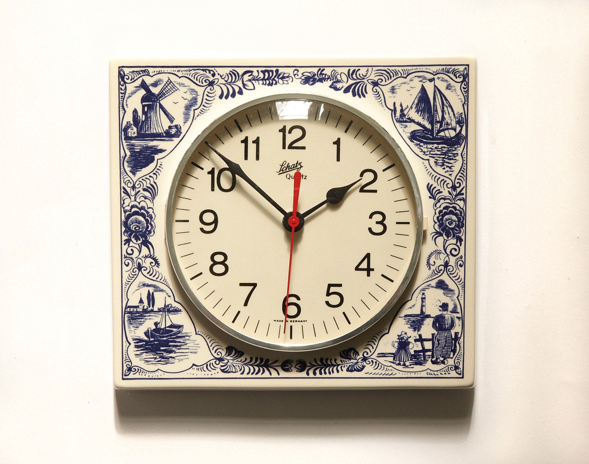 Original SCHATZ Delft Blue Holland Ceramic Wall Clock 60s