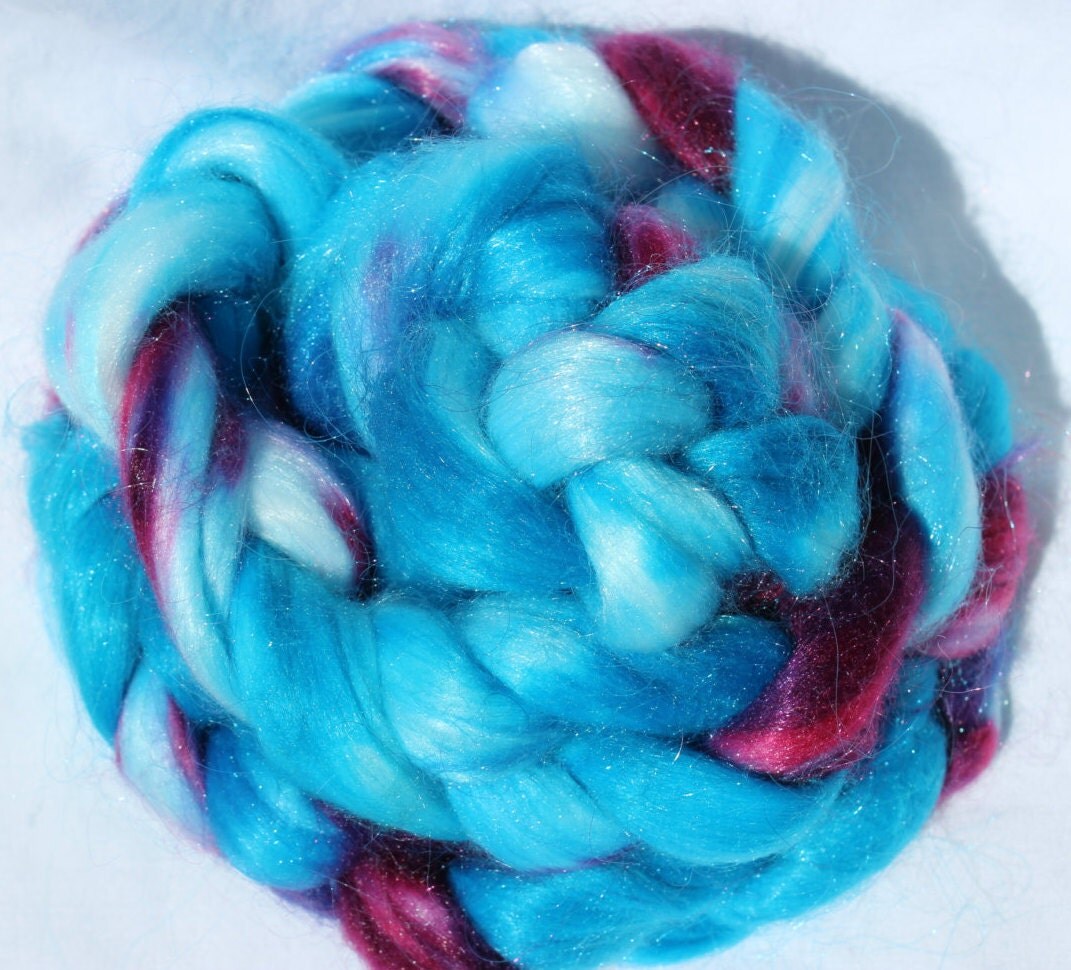 Hand dyed faux mohair roving turquoise / pink / by SMAKSuperFibers