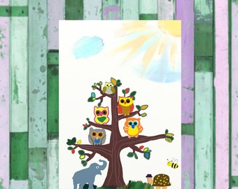 Tree Art print Prints poster room home decor kids adults whimsical woodland owls animals tree childrens nature Art