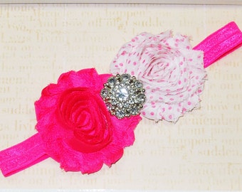 Baby Headband, Hot Pink and Polka Dot Stretch Girl Headband, Stretch Infant Headband, Shabby Flower Baby Headband, Frayed Flower Headband