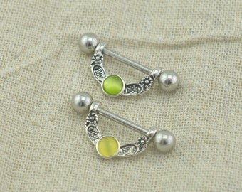 TWO nipple rings, cat's eye gemstones nipple rings nipple piercing