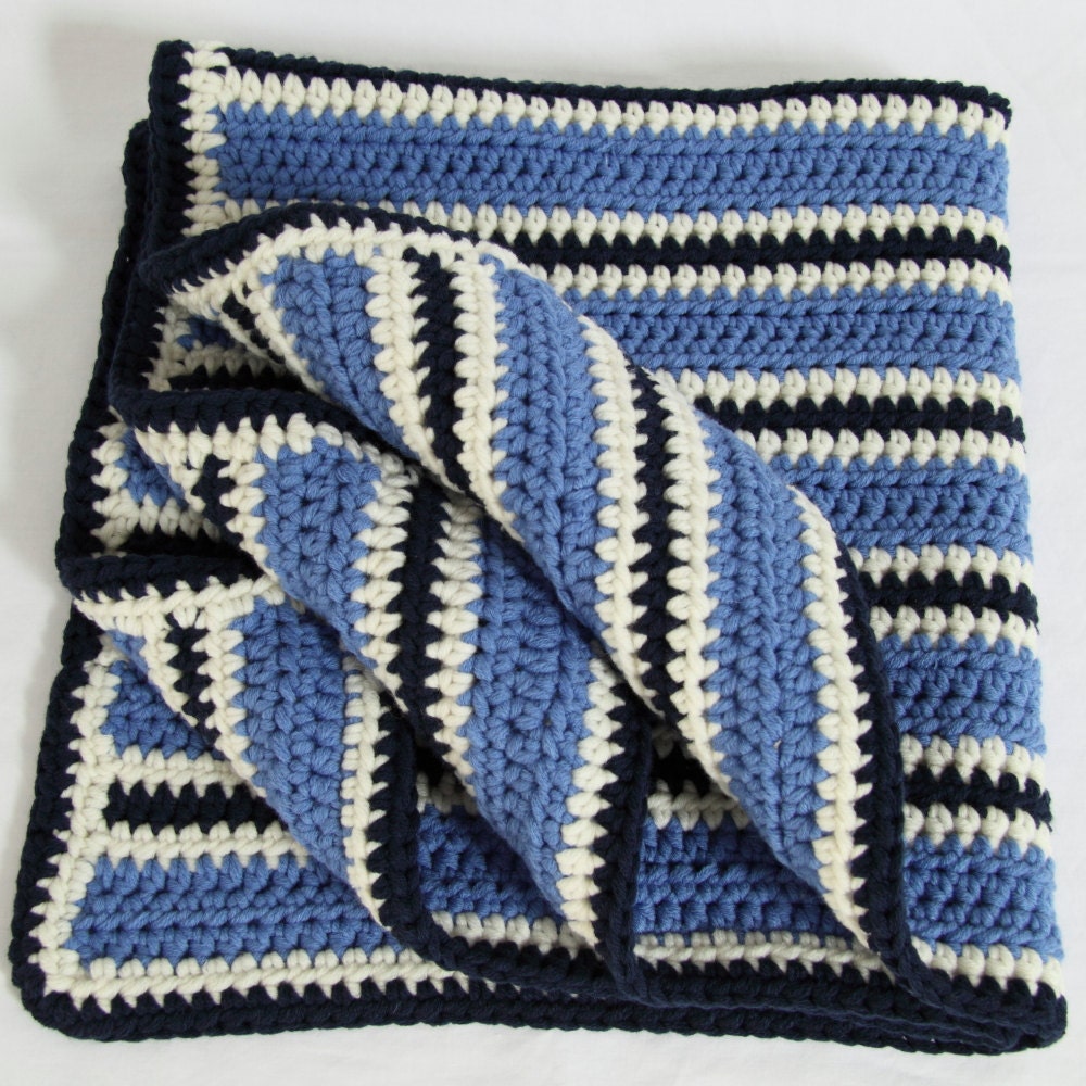 Blue navy & cream striped crochet baby blanket. Handmade in