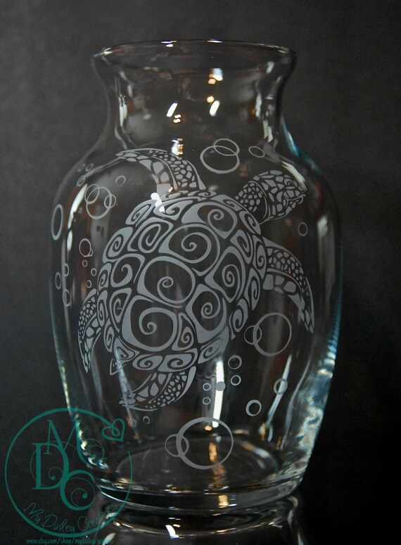 Glass Etched Sea Turtle Vase Sandblasted Sand by MyDaileyCreations