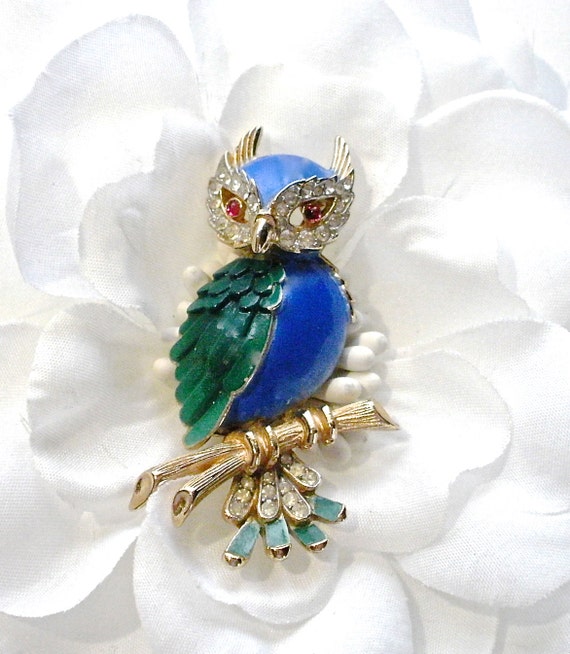 Rare Trifari Owl Brooch Enamel Rhinestone By Finevintagefinds2015