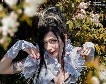 White shrug bolero with white feathers-gothic bolero-victorian bolero-shrug bolero-ruffle bolero-feathered bolero-ruff bolero