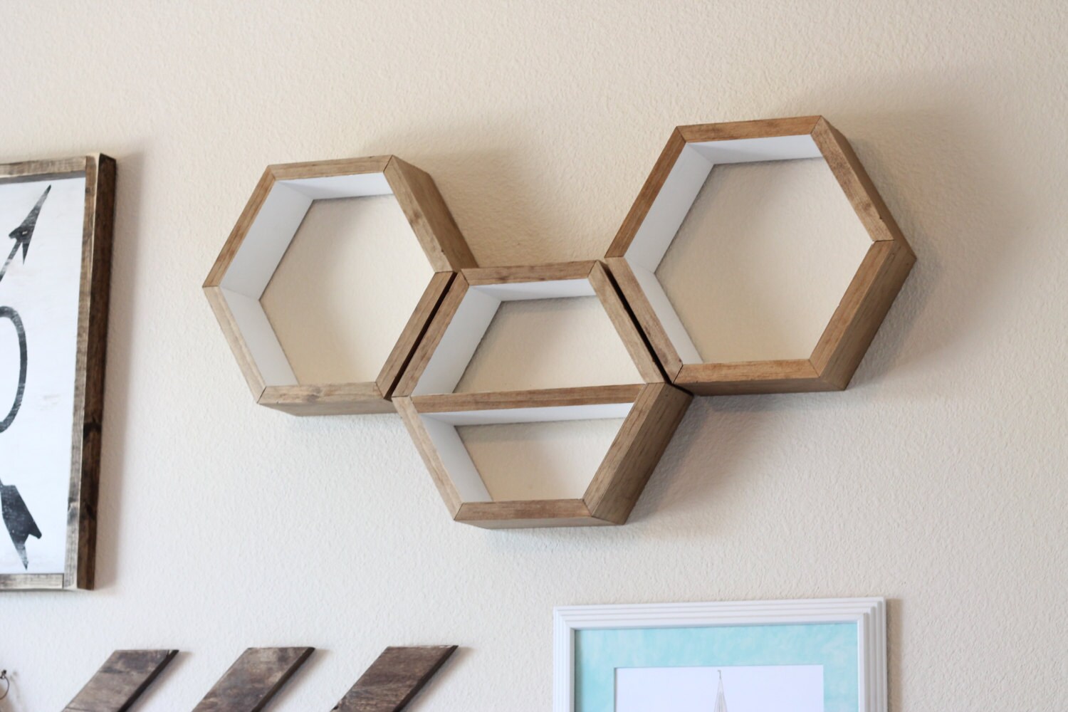 Set of 3 Hexagon shelves with white interior and added shelf Etsy