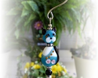 Cute Lampwork Bead Blue Kitty Cat Suncatcher with 20mm Austrian Crystal, Handmade Hanger, Unique Gifts, Cat Lover Gifts