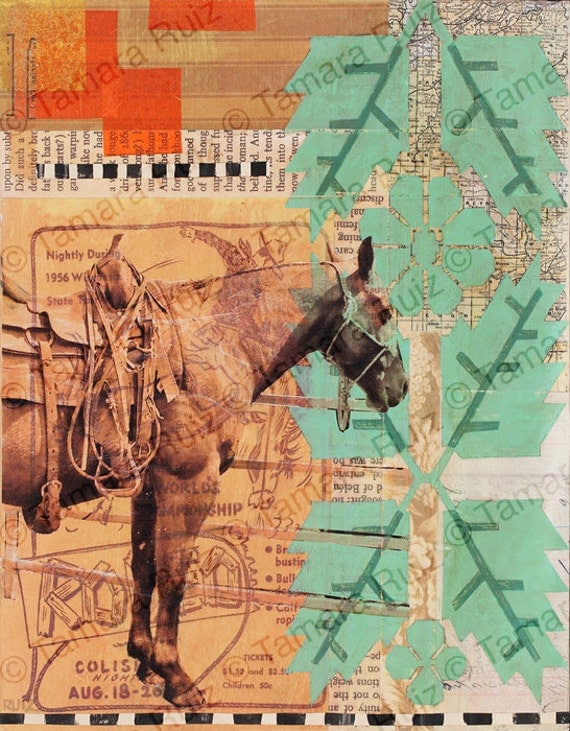 Items similar to Mixed Media Collage, Saddled Horse, by Tamara Ruiz on Etsy