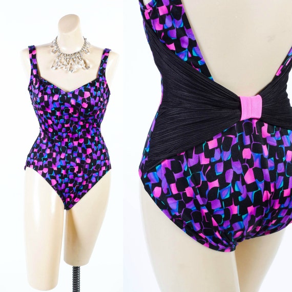 Vintage 80's Bow Swimsuit // Sweetheart Neckline Colorful