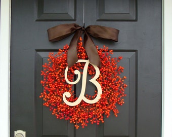 Berry Monogram Wreath- Fall Wreath- Fall Berry Wreath- Fall Decor- Wedding Decor- WEATHERPROOF Berries