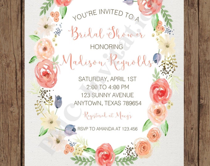 Custom Printed Floral Watercolor Bridal Shower Invitations - 1.00 each with envelope