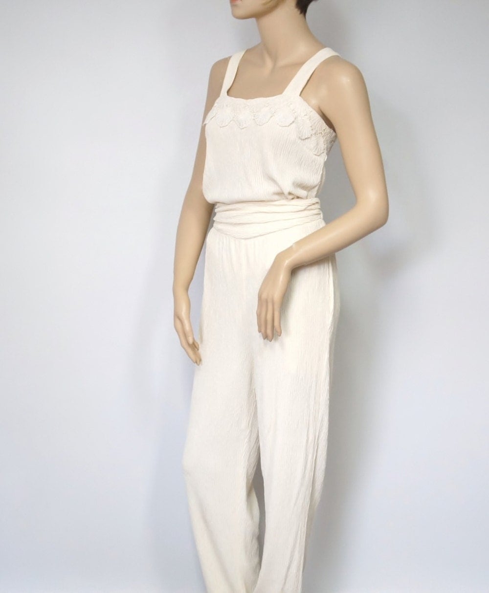 Vintage Pant Suit Cream Lace Boho Summer Drapey Casual