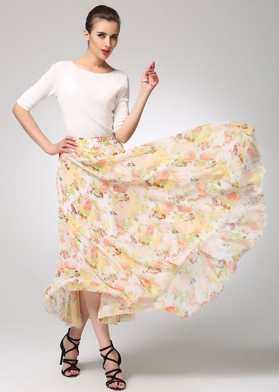 maxi floral skirt Yellow chiffon skirt maxi skirt women long