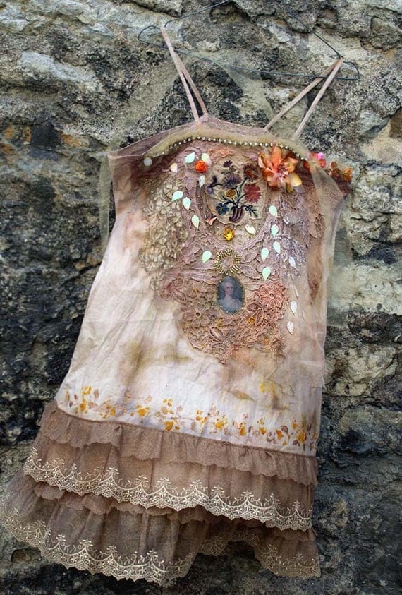 Golden Lily- -rustic antique  tunic, chemise, nuisette, antique and vintage lace, embroidery, beading