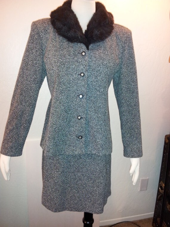 Fur Collar Shoulder Pads Knit Suit Vintage 90s KC by OnSetWardrobe