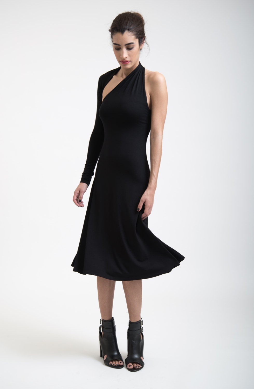 Women's Black Dress One Shoulder Sleeve A Line Midi Dress