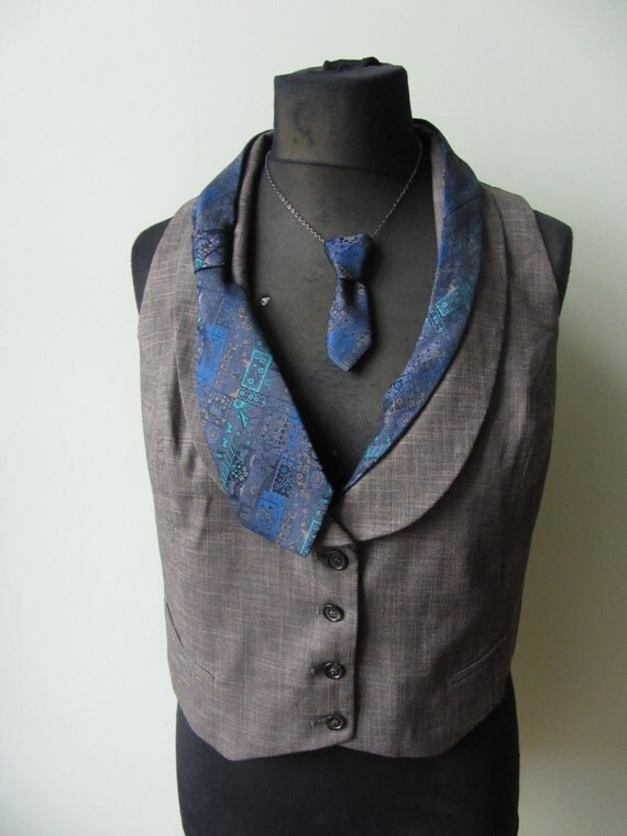 Brown Tweed Upcycled Womens Vest Steampunk Waistcoat detailed