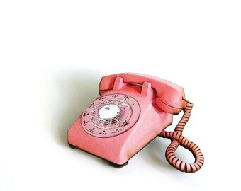 pink rotary phone brooch pin . vintage telephone tie tack