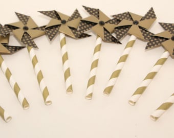 Pinwheel Cupcake and Cake Toppers 8 Gold and Black