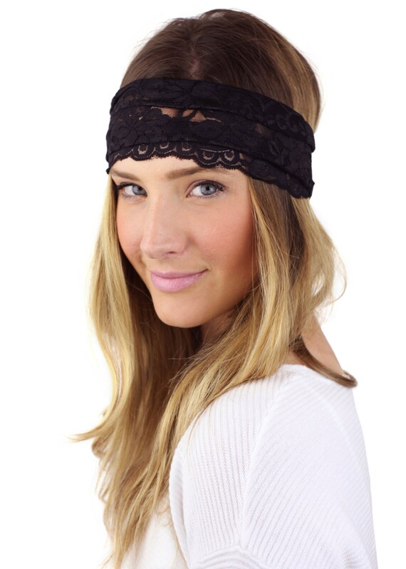 BLACK LACE HEADBAND wide lace stretch headband