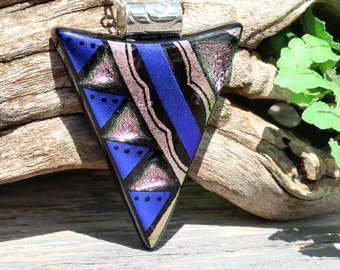 Dichroic Glass Pendant, Fused Glass Jewelry, Necklace; Modern, Geometric, Tribal - Indigo Blue, Silver Pink / 48mm x 36mm (Item #10713-P)