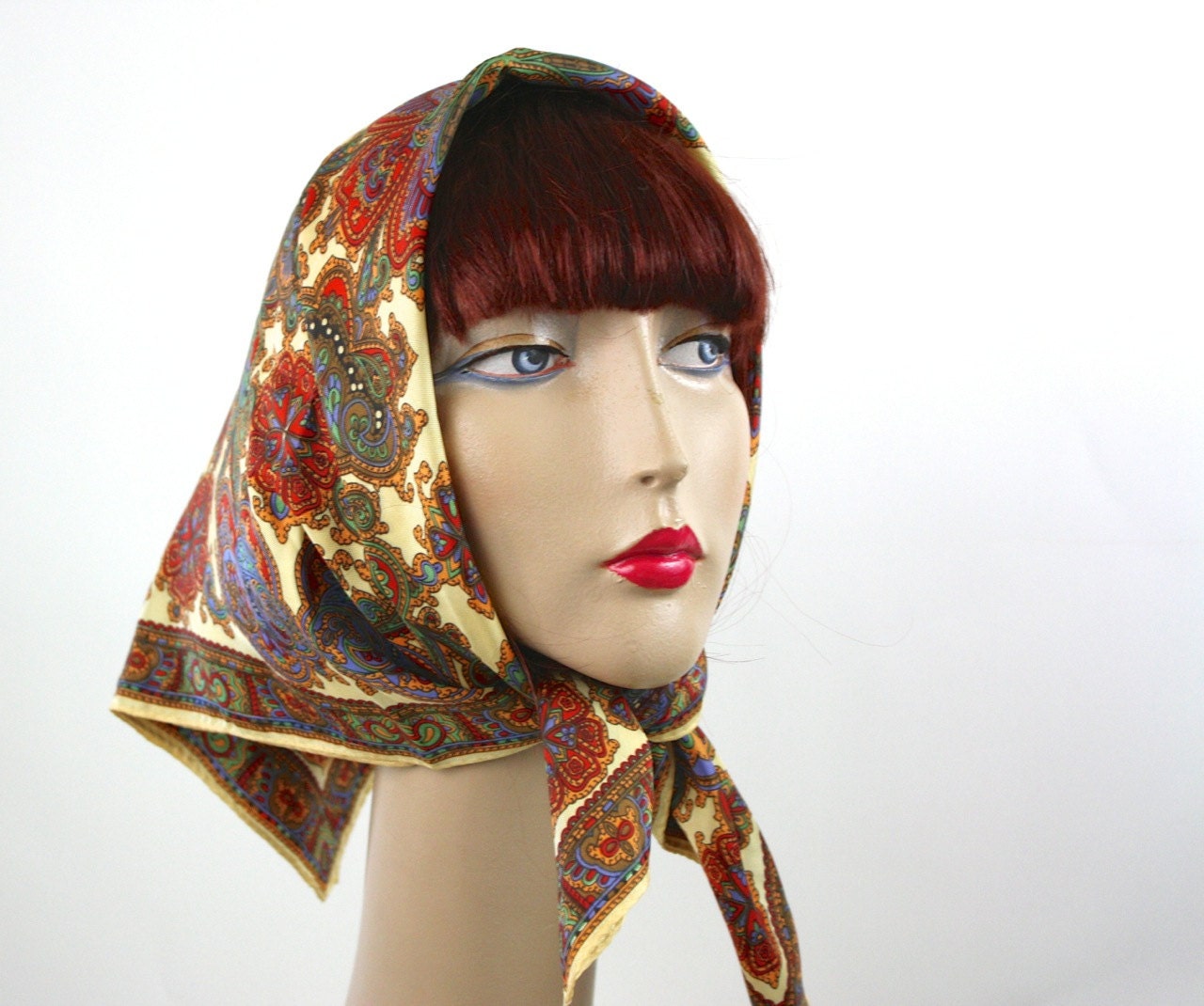 Vintage 60s Paisley Scarf Colorful Square Ladies Silky Head