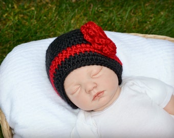 Crochet Baby Fire Ems Thin Red Line Beanie - Newborn to 10 years - Black and Red - MADE TO ORDER