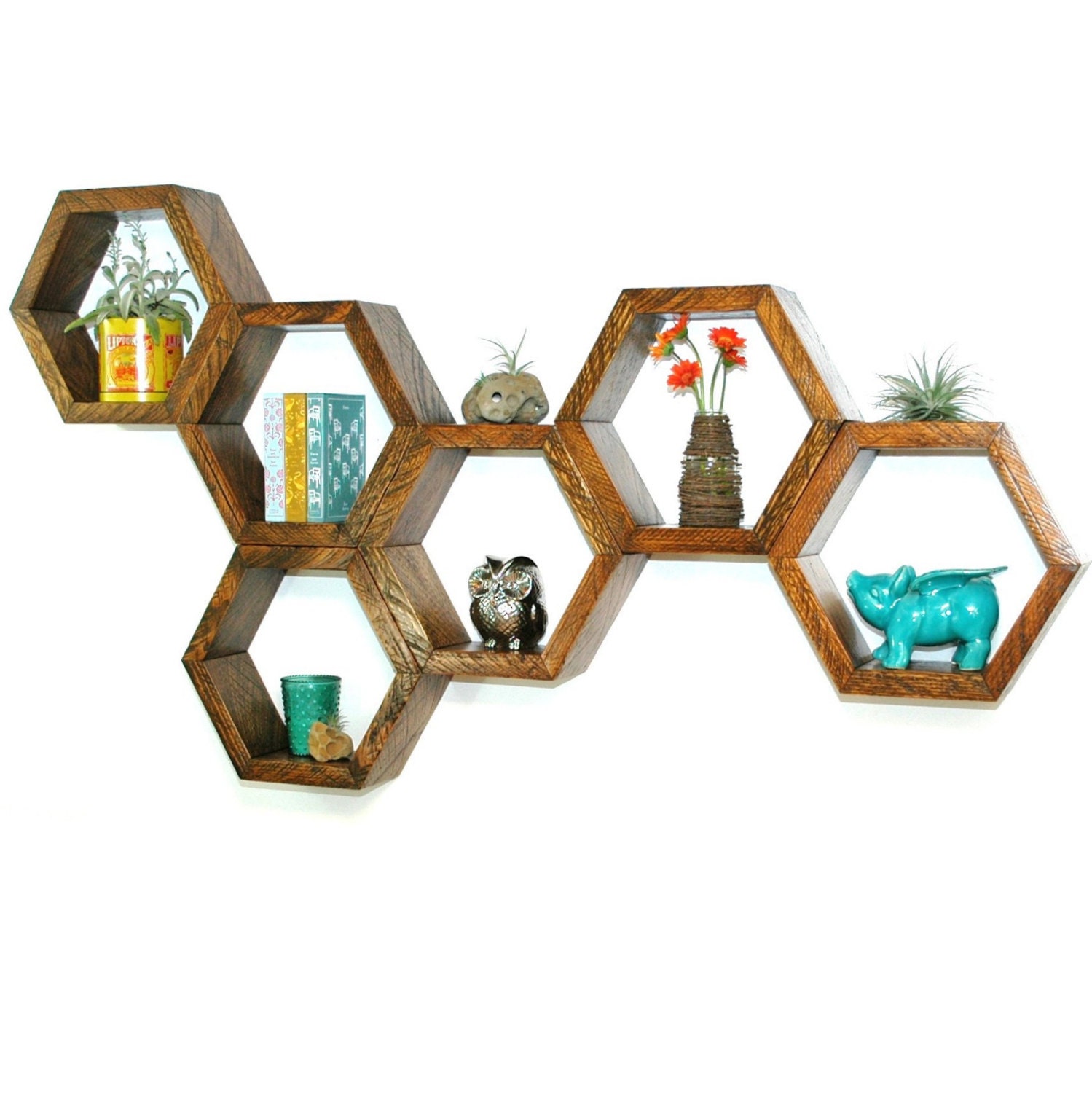 Reclaimed wood hexagon floating shelf ONE HEXAGON
