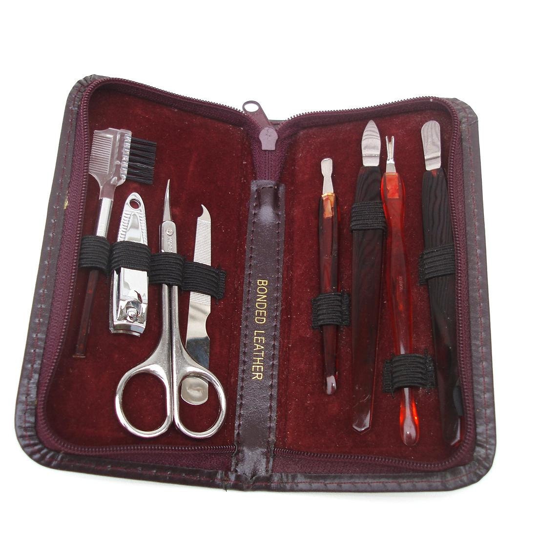 Vintage Travel Manicure Set Nail Kit Brown Leather Case