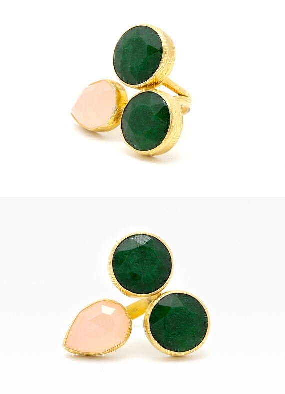 pink and green jewelry 3 stone ring three stone by SigalDesign