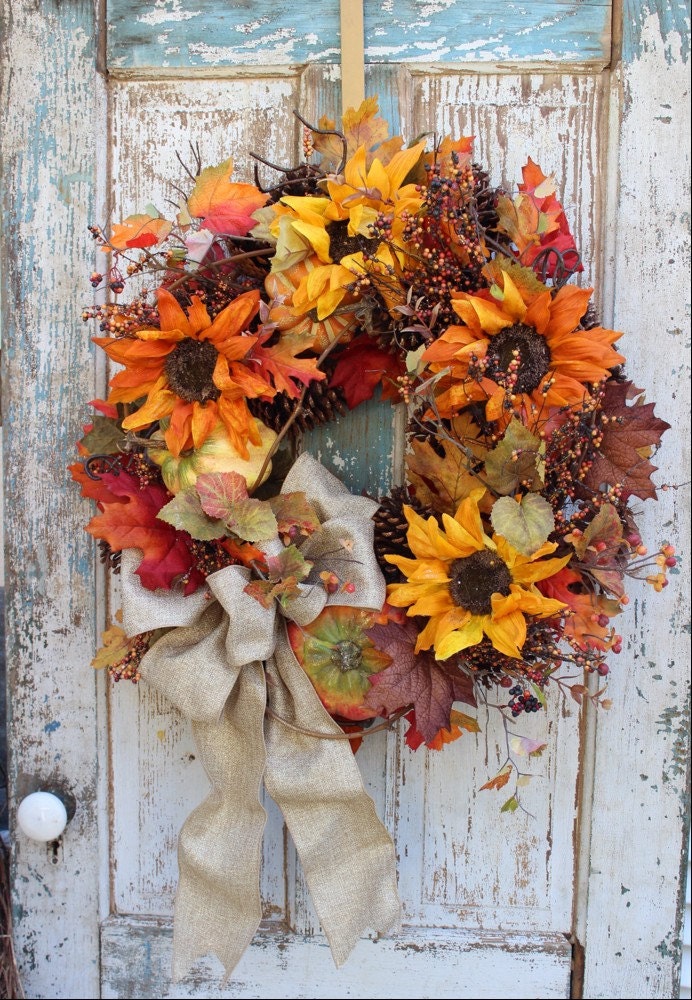 Fall Wreath With Sunflowers Pumpkins Fall Leaves Pinecones